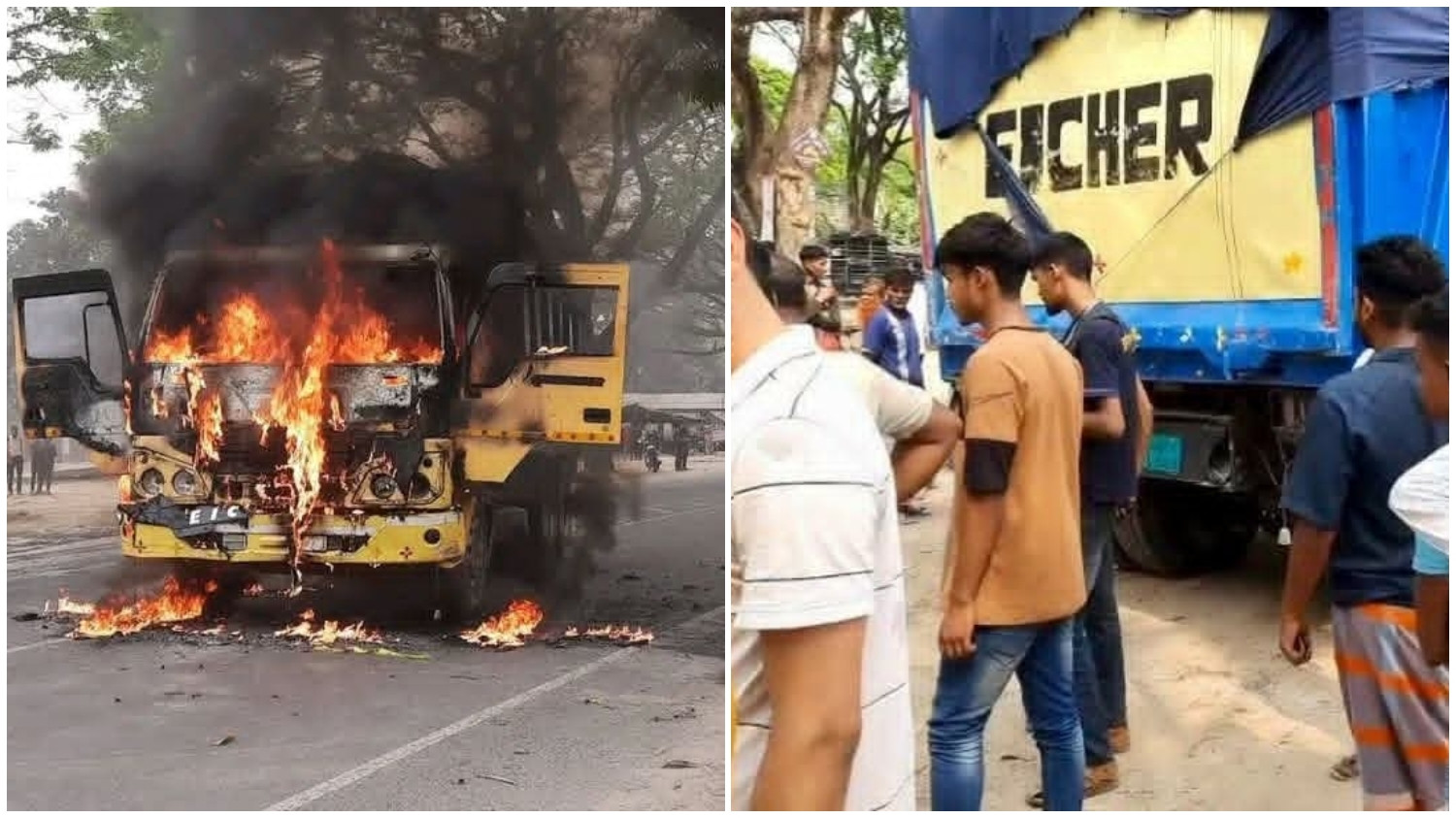 রাজশাহী পুঠিয়ায় ট্রাক চাপা'য় বাবা-ছেলে মৃত্যু,ট্রাকে আগুন
